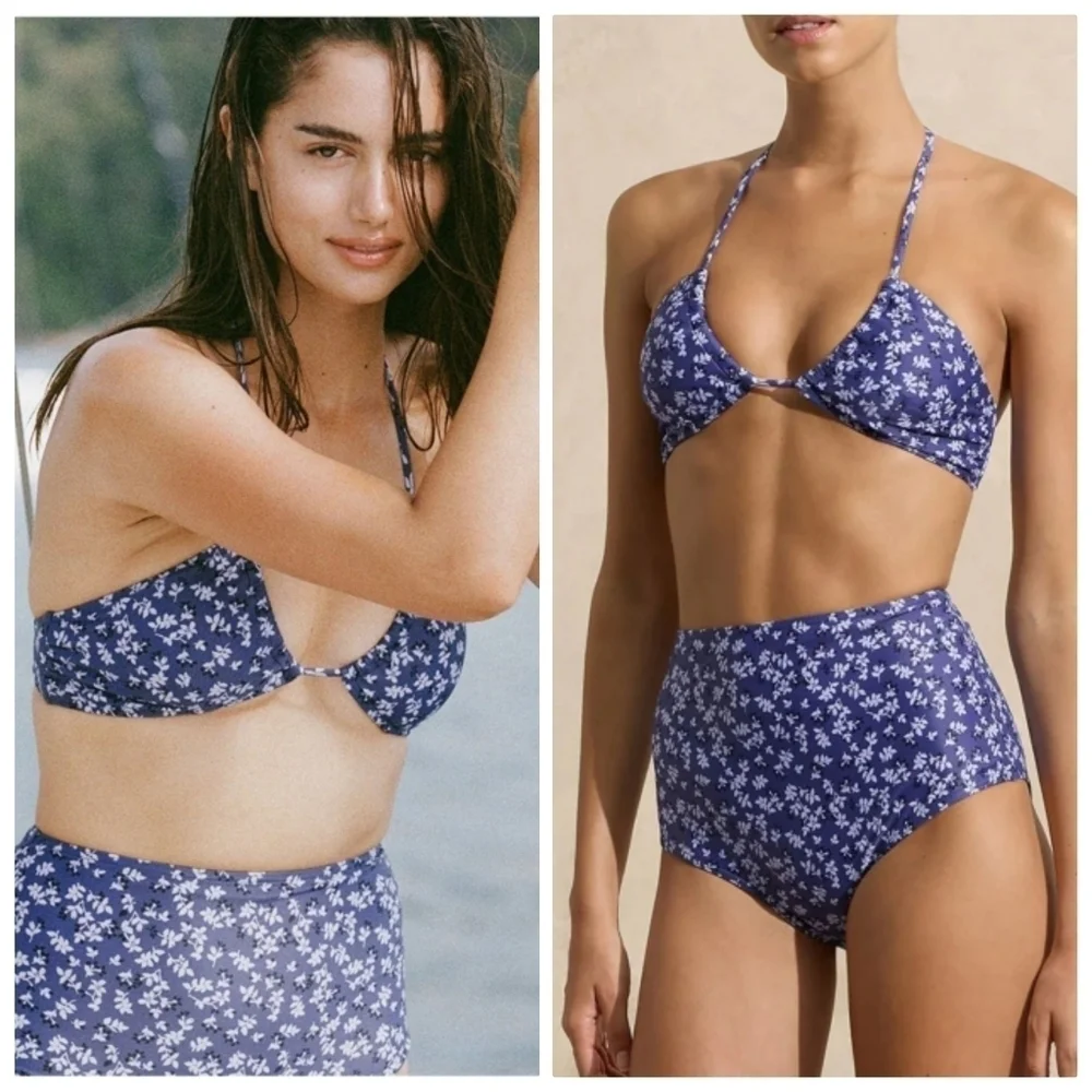 New Peony Ruched Halter Top/Staple Hi Pant Periwinkle 2 Piece Swim Set NWT Small
